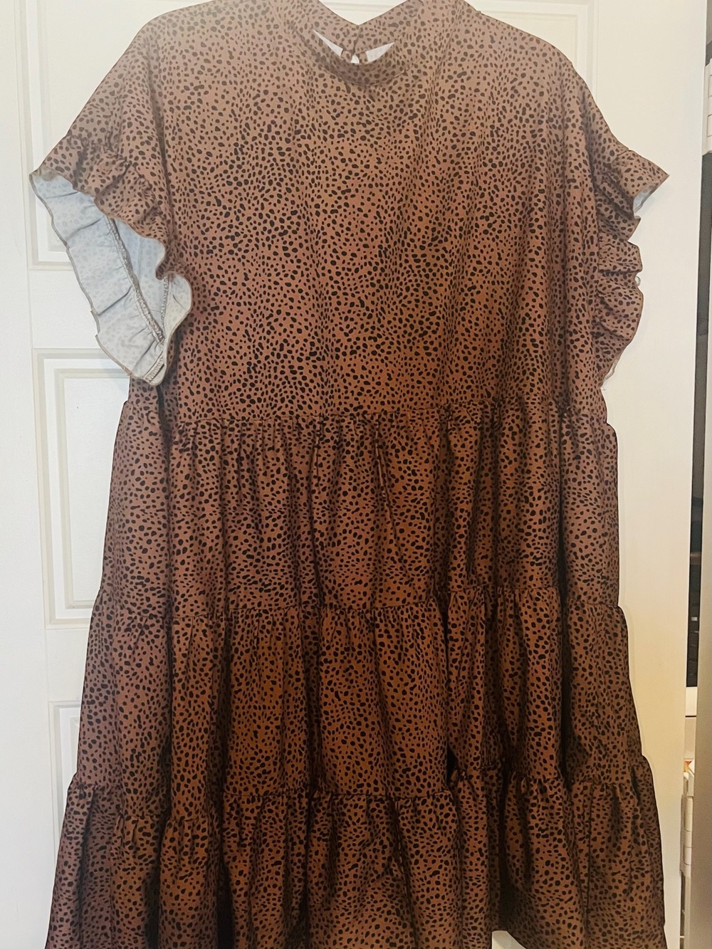 SHEIN Brown Tiered Ruffle Sleeve Midi Dress with Dot Print